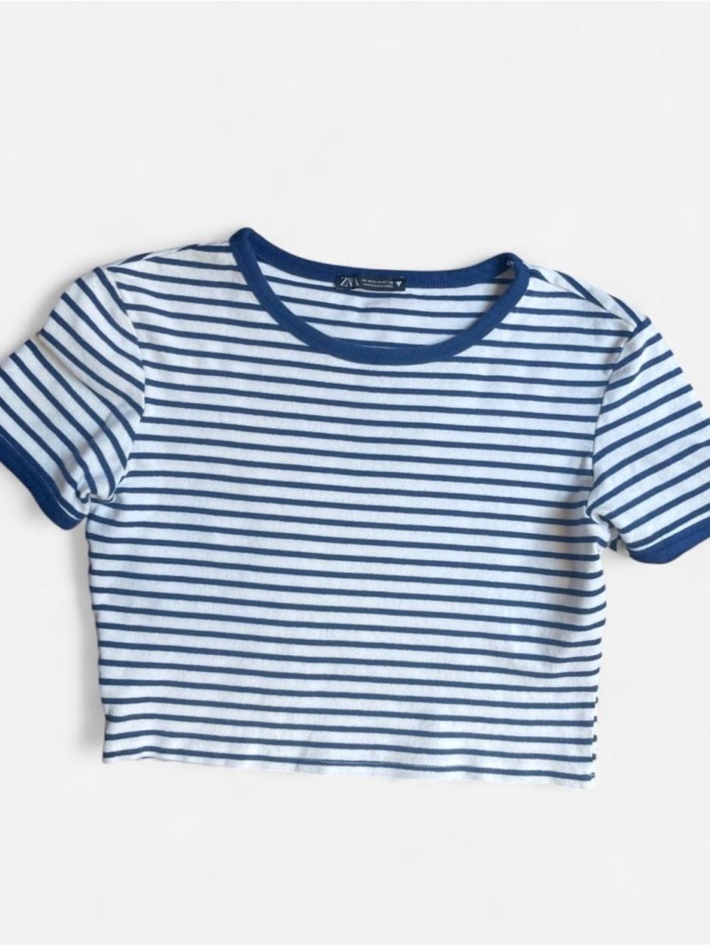 ZARA Navy + White Striped Casual Cotton Short Sleeve Summer Crop Top Sz M